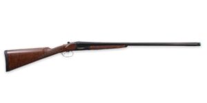 Wood-stock shotgun with long barrel on white background