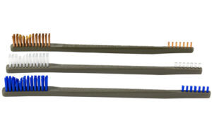 Three gray toothbrushes with colored bristles