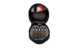 Open black case with gun cleaning kit tools