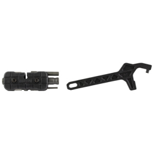 Bicycle multi-tool and wrench set on white background.