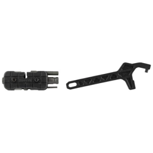 Bicycle multi-tool and wrench set on white background.