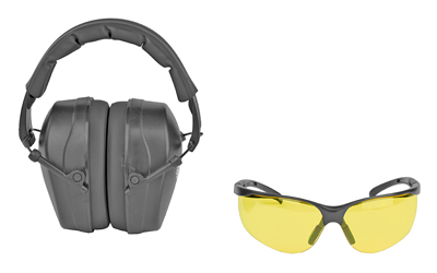 Gray earmuffs and yellow safety glasses