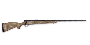 Desert camouflage bolt-action rifle on white background