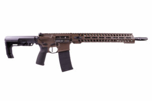 Black and brown tactical rifle, side view.