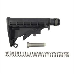 Rifle stock assembly with spring and buffer tube.