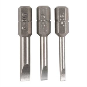 Three metal screwdriver bits on display.