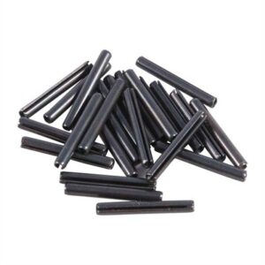 Black steel roll pins scattered on white background.