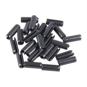 Assorted black cylindrical metal pins on white background.