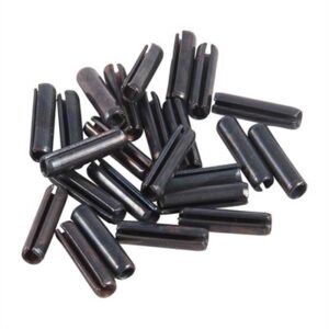 Black steel roll pins scattered on white background
