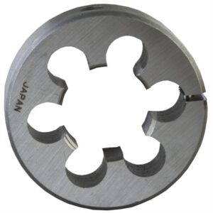 Round metal threading die with slotted design.