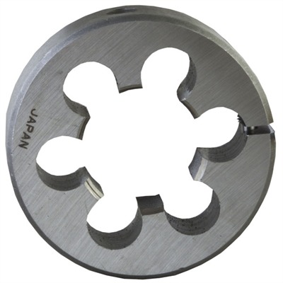 Round metal threading die with slotted design.