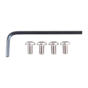 Allen wrench and four screws on white background.