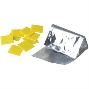 Yellow foam squares beside metal pouch