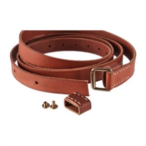 Brown leather belt roll with buckle and rivets.