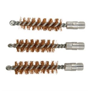 Three bronze gun cleaning brushes on white background.