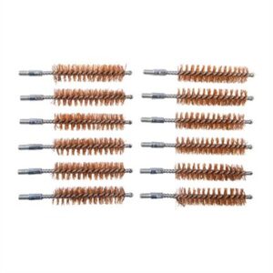 Ten gun cleaning bore brushes arranged neatly.