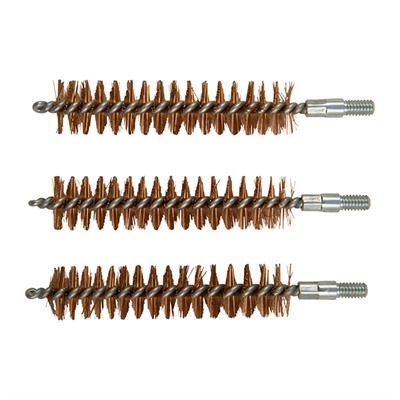 Three brass wire gun cleaning brushes aligned horizontally.