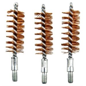 Three copper gun cleaning brushes lined up.