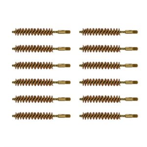 Twelve rifle bore cleaning brushes on white background.