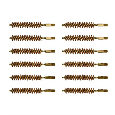 Twelve rifle bore cleaning brushes on white background.