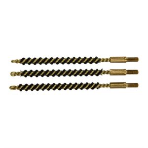 Three brass gun cleaning brushes on white background.
