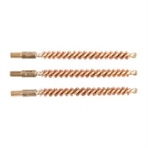 Three brass rifle cleaning brushes on white background.
