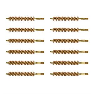 Twelve gun cleaning brushes in rows.