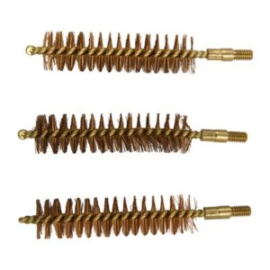 Three bronze bore cleaning brushes on white background.