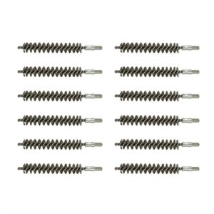 Twelve gun barrel cleaning brush attachments arranged neatly.