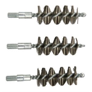 Three metal spiral gun bore cleaning brushes.