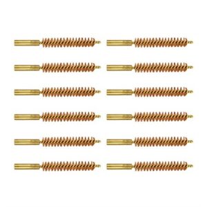 Twelve bronze gun cleaning brushes arranged in rows.