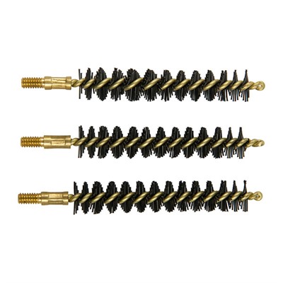 Three brass gun cleaning brushes aligned horizontally