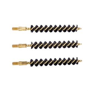 Three rifle bore cleaning brushes lined up horizontally.