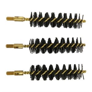 Three brass rifle bore brushes aligned horizontally.