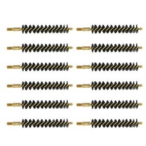 Twelve gun barrel cleaning brushes lined up.