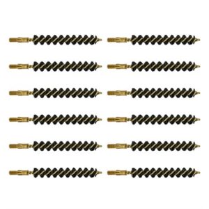 Twelve bronze gun cleaning brushes, aligned horizontally.