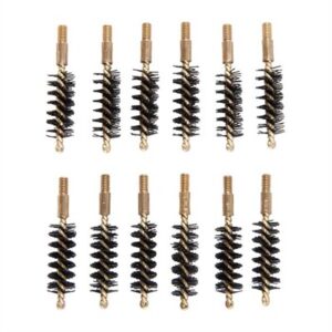 Twelve gun bore cleaning brushes arranged in rows.