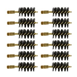 Twelve brass and black bore cleaning brushes.