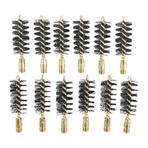 Twelve black and gold cleaning brushes arranged neatly.