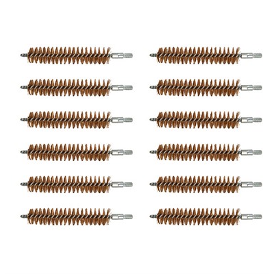 Twelve bronze bore cleaning brushes in rows