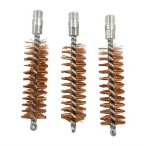 Three bronze bore cleaning brushes on white background.