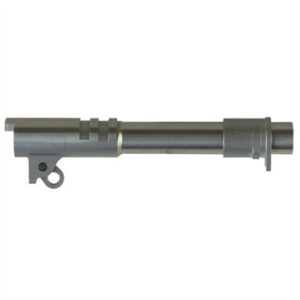 Stainless steel firearm barrel component isolated.