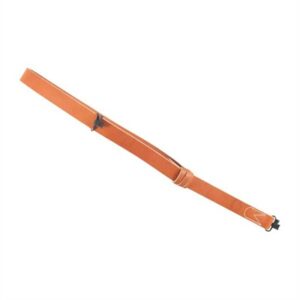Brown leather rifle sling with adjustable straps.