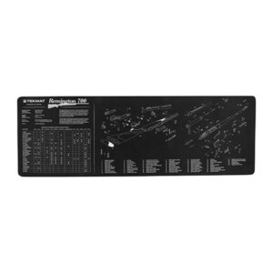 Remington 700 schematic diagram on black mat.
