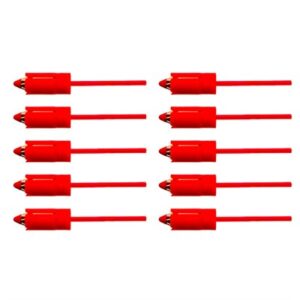 Ten red plastic toy darts aligned in rows.