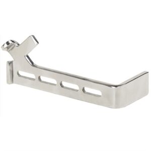 Stainless steel door latch on white background.