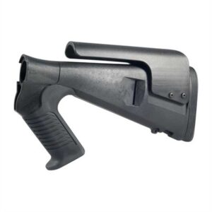 Black rifle stock with grip, side view.