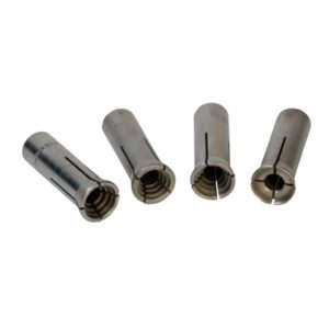 Four steel bullet collet dies on white background.