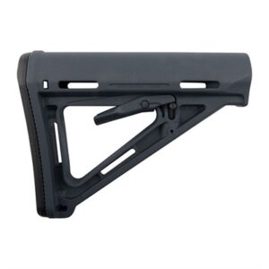Black polymer rifle stock, side profile view.