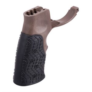 Tactical rifle grip, ergonomic design, black and brown.